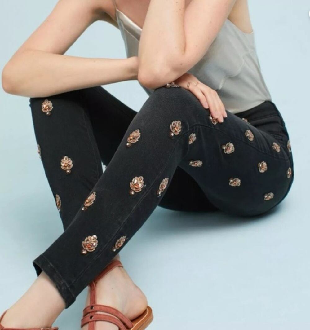 Anthropologie Sz 28x29 Pilcro High-Rise Embellished Skinny Black Jeans Sequins